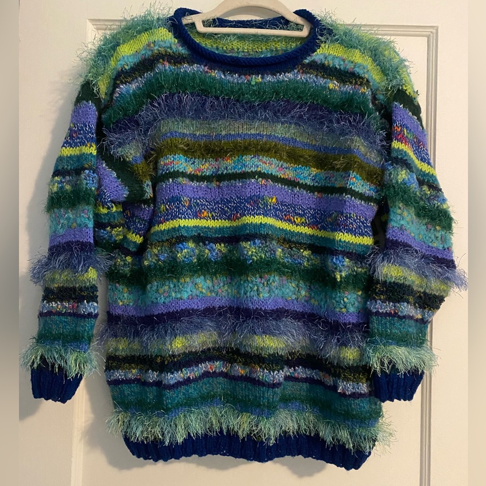 Handmade Artsy Eyelash Knit Sweater Size Multicored Blue Green M/L